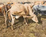 Esibayeni (Cattle Kraal) by Sipho Ndlovu, oil on canvas, offered Oct 2022