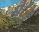 Clément Sénèque, Alpedorpie (Small Town in the Alps), oil on board