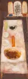 Cecil Skotnes, Stillewe (Still Life), carved, incised and painted wood panel, in the artist's handmade frame