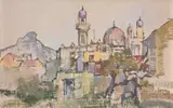 Moskee met Duiwelspiek, Kaapstad (Mosque with Devil's Peak, Cape Town) by Gregoire Boonzaier, oil on canvas, sold Nov 2022