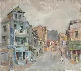 Tafelberg vanaf Hanover Straat langs Tennant Straat, Distrik Ses (Table Mountain from Hanover Street next to Tennant Street, District Six) by Gregoire Boonzaier, oil on canvas, sold Nov 2022