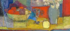 Maud Sumner, Stillewe met Vrugtebak, Kelkie en Vaas (Still Life with Fruit Bowl, Wine Glass and Vase), mixed media on canvas
