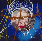 Wayne Barker, The Church Lady in Blue, strung glass beads laid down on board