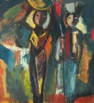 Pranas Domšaitis, Two Water Carriers, oil on paper laid down on board