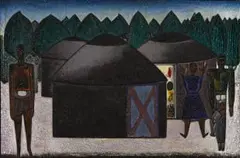 Alfred Thoba, Black man with a Mirror in Centre of his Body Protecting Eyes and Hands, oil on board