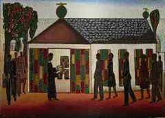 Alfred Thoba, A Pastor Welcoming the Congregation, oil on canvas laid down on board
