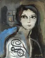 Portrait of a Girl with an Abstract Design on Her Shoulder by Simon Stone, oil on cardboard, sold Sep 2022