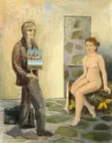 Simon Stone, Interior Scene with Nude and a Man, recto; Portraits with Guitar, verso, oil on board