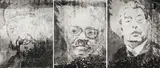 Jo Ratcliffe, Mural portraits depicting Fidel Castro, Agostinho Neto and Leonid Brezhnev, painted on the wall of a house in Viriambundo, Angola, circa 1975, triptych, hand-printed silver gelatin print on paper