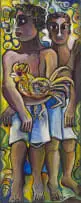 Geoffrey Mukasa, Two Boys with Cockerel, oil on canvas