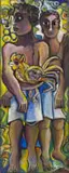 Geoffrey Mukasa, Two Boys with Cockerel, oil on canvas