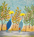 Pilipili Mulongoy, Two Black Crowned Cranes, oil on canvas
