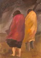 Two Figures in the Wind by Amos Langdown, oil on board, sold Nov 2022