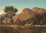 Tinus de Jongh, Cottage, Mountains and Trees in a Landscape