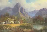 Gabriel de Jongh, Cottage with Mountains Beyond