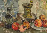 Still Life with Pestle, Mortar and Fruit by Gregoire Boonzaier, oil on cardboard, offered Nov 2022