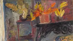 May Hillhouse, An Interior with Flowers in Pots, oil on canvas laid down on board