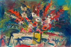 Gerhard Batha, Gladioli and Poppies in a Vase, oil on board