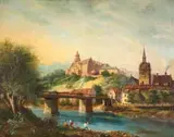 Otto Landsberg, Prussian Landscape with Castle and Fisherman, oil on canvas