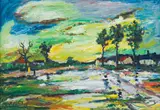 Kenneth Baker, Lakeside Houses, oil on board