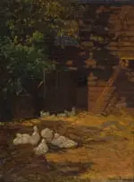 Bertha Everard, Ducks in a Yard, oil on canvas laid down on board