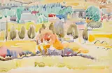 Walter Battiss, Untitled (Landscape with Houses), watercolour on paper laid down on card