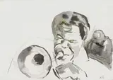 Nelson Makamo, Trumpeter, ink on paper laid down on foamcore