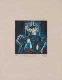 Peter Clarke, Girl Frightened by a Spider, colour linocut on onion skin paper