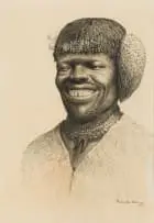 Gerard Bhengu, Portrait of Man with Necklace, ink on paper laid down on board
