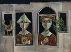 Yosl Bergner, Looking In, Gazing Out, oil on canvas