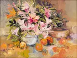 Margaret Gradwell, Still Life with Azaleas and Citrus, oil on canvas