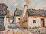 Sydney Carter, Thatched Cottages, oil on canvas laid down on board