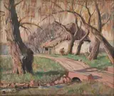 Sydney Carter, Cottage Being Thatched, oil on canvas