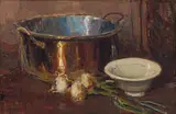 Copper Pot, Onions and Bowl by Adriaan Boshoff, oil on canvas laid down on board, offered Oct 2022