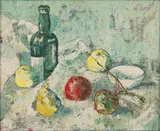 George Enslin, Still Life with Bottle and Fruit, oil on board