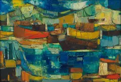Aileen Lipkin, Boats in the Harbour, oil on board