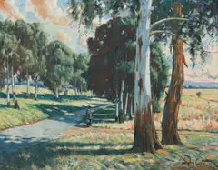 Sydney Carter, Blue Gums and Solitary Figure, Old Pretoria Road, oil on canvas