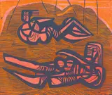 Two Reclining Figures by Cecil Skotnes, colour woodcut on paper, sold Oct 2022