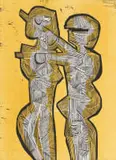 Yellow Lovers by Cecil Skotnes, colour woodcut on paper, sold Oct 2022