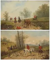 Hunting Scenes, two by Rudolph Stone, oil on board, offered Oct 2022