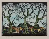Gregoire Boonzaier, Houses Through the Trees, hand coloured linocut on paper