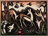 Birds and Buck by Walter Battiss, colour linocut on paper, sold Oct 2022
