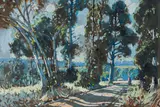 Sydney Carter, Bluegums with Lone Figure, gouache on paper laid down on board