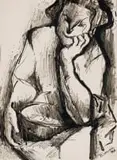 Zoltan Borbereki, Seated Woman with Basket, ink on found paper