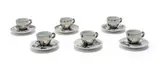 William Kentridge, Illy Cappuccino Cups and Saucers, six, ceramic cups with silver mirrored glaze; ceramic saucers with transfer illustration