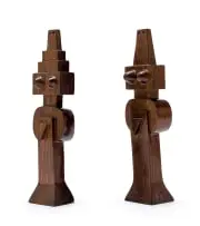 Pancho Guedes, Geometric Male and Female, two, carved wood with a brown patina