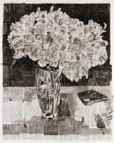 William Kentridge, Peonies with Book, India ink on found book pages