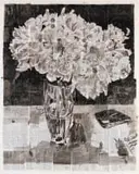 William Kentridge, Peonies with Book, India ink on found book pages