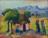 Maggie Laubser, Huts and Trees with Figures in a Landscape