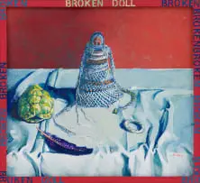 Margaret Nel, Broken Doll, acrylic on canvas with artist's hand painted frame